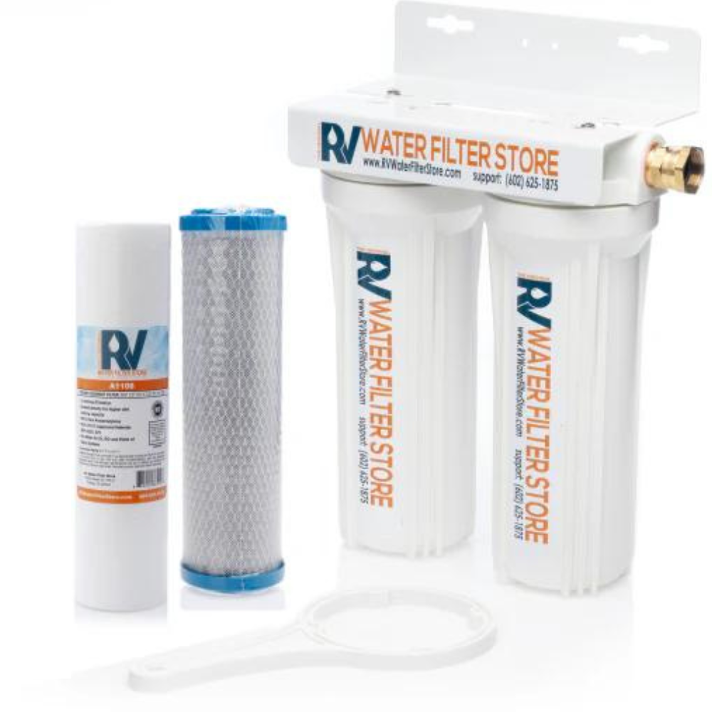 RV Water Filter Store product image showing a dual-canister whole-RV filtration system with sediment and carbon filtration stages