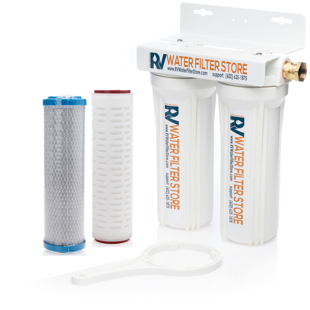 Educational illustration of a two-stage RV water strategy with whole-RV inlet filtration followed by under-sink point-of-use drinking water filtration