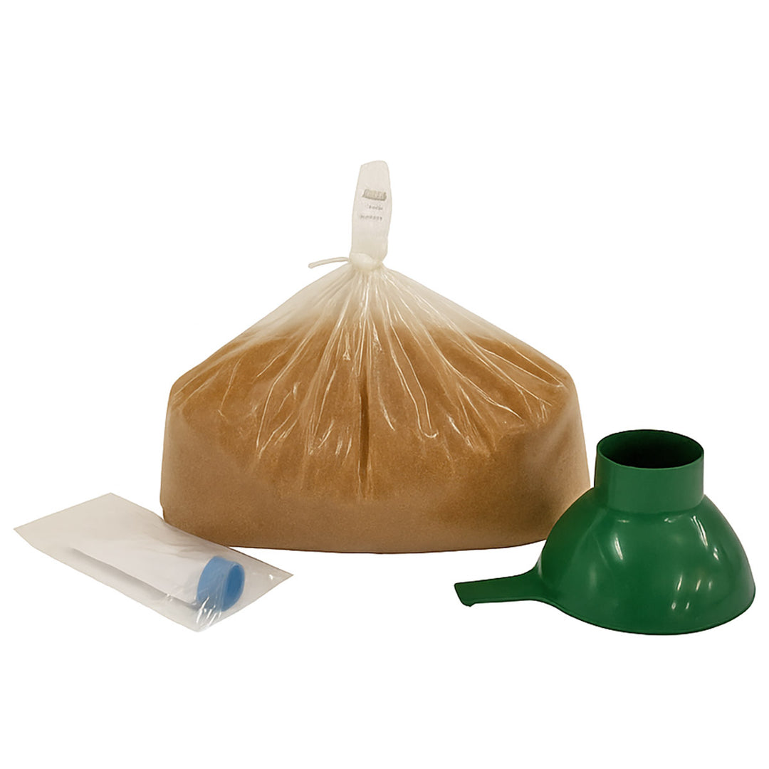 Brown bag, green funnel, and small white container with blue cap on a white background